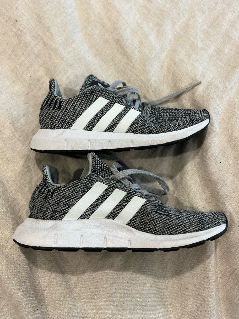 adidas Kids Gray Knit Lace-Up Sneakers with White Stripes